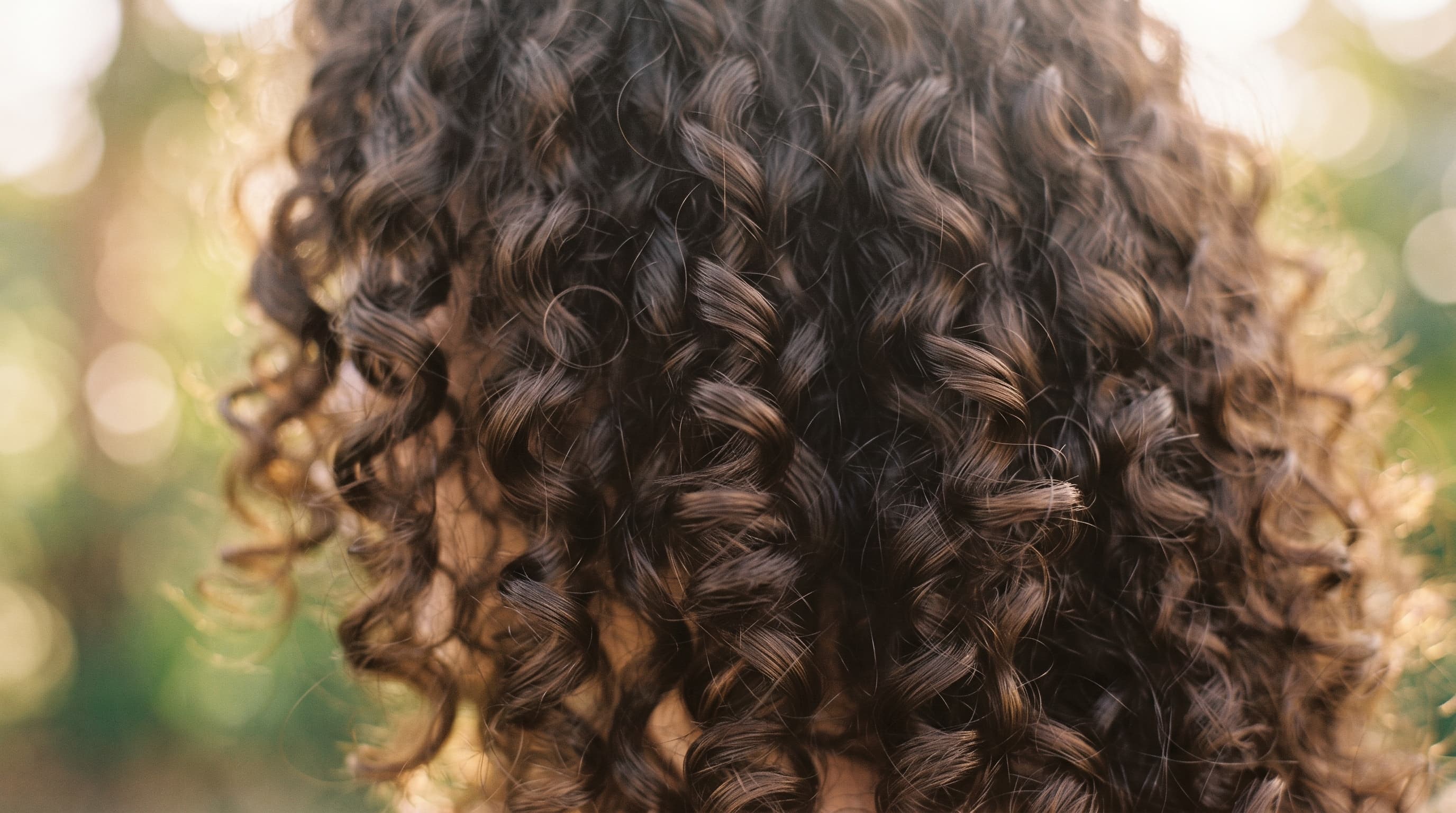 Close-up of healthy, defined curly hair with springy ringlets and natural shine, no face visible