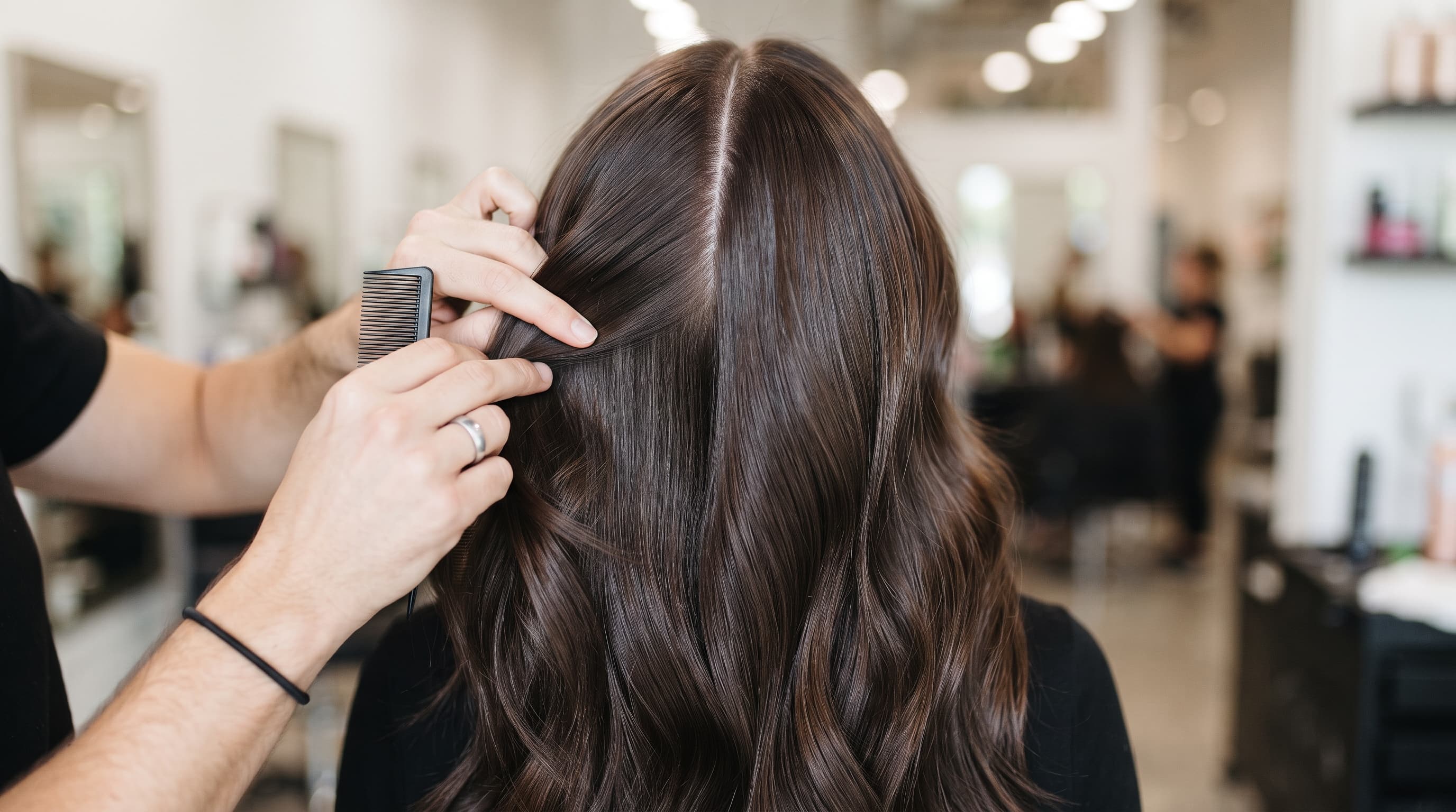 Back view of a woman's head showing full, natural crown volume from a Remy human hair topper in a Toowoomba salon