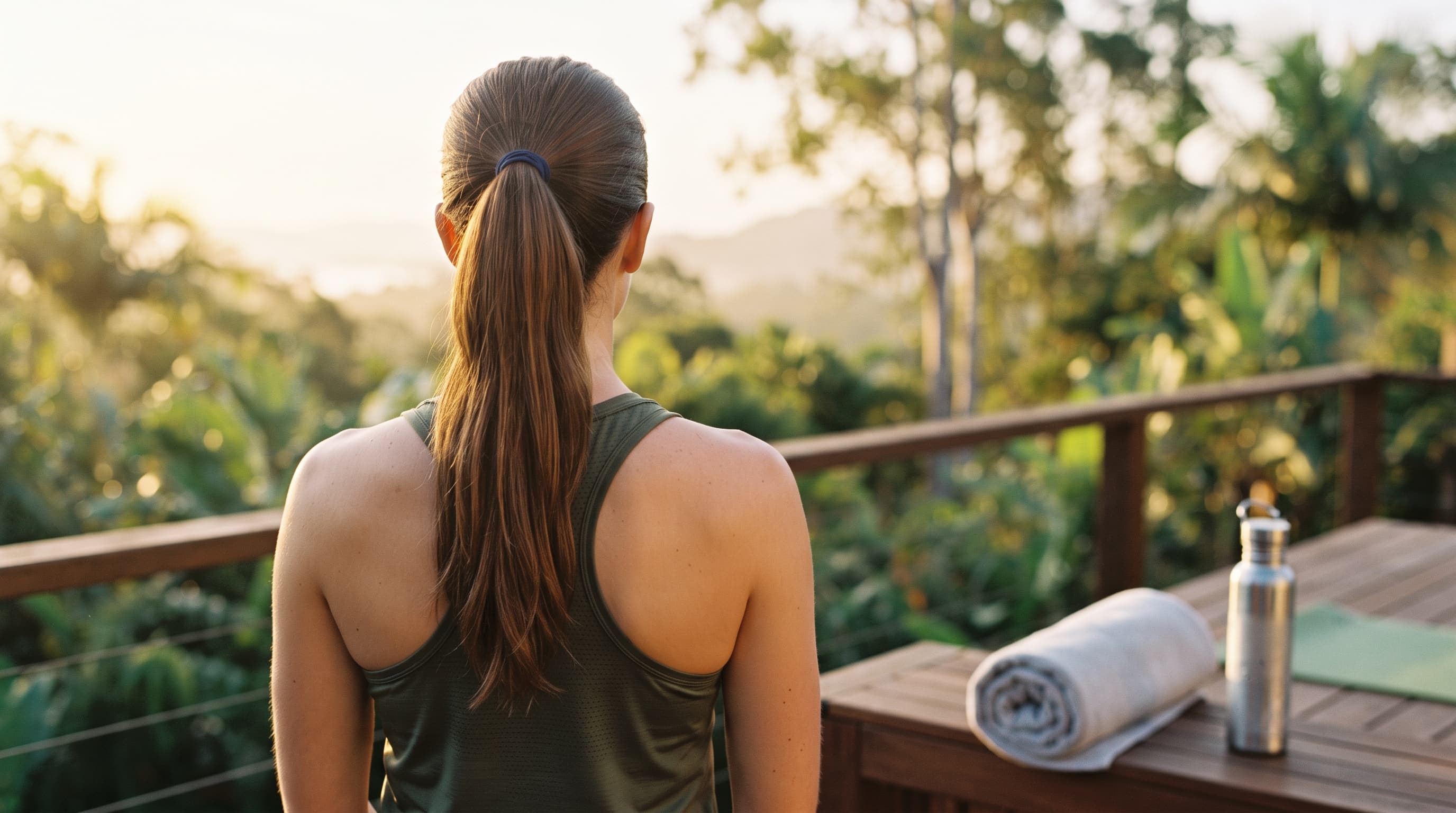 Woman’s healthy hair tied back in a secure ponytail ready for exercise, shown from behind, no face visible