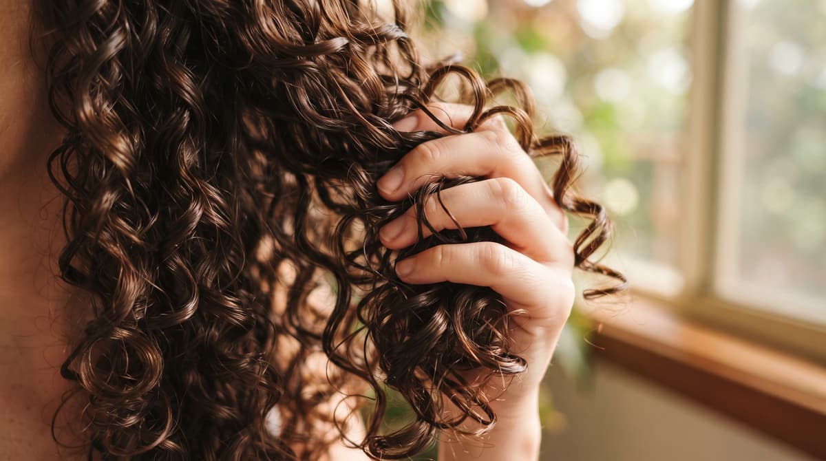Close-up of defined, healthy curls being scrunched by hand, showing frizz-free curl definition, no face visible