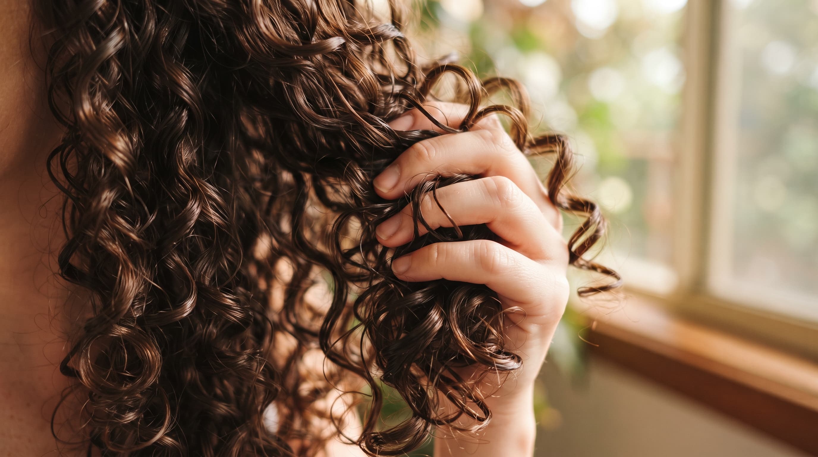 Close-up of defined, healthy curls being scrunched by hand, showing frizz-free curl definition, no face visible