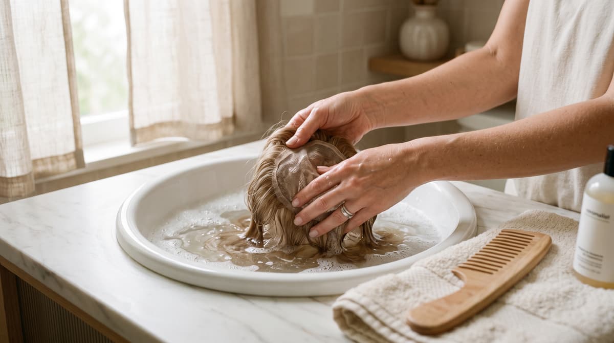 Hair topper being gently washed and conditioned as part of an at home care routine.
