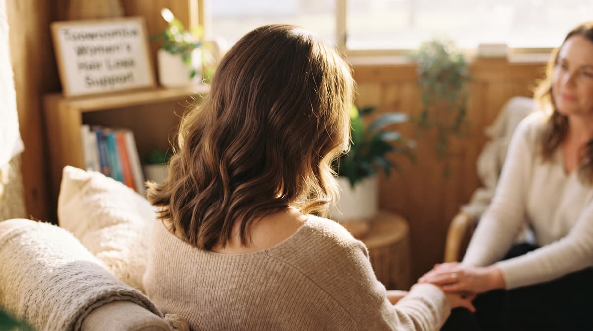 Soft, reassuring image of a woman’s healthy hair and shoulders in warm light, no face visible, representing women’s hair loss support in Toowoomba