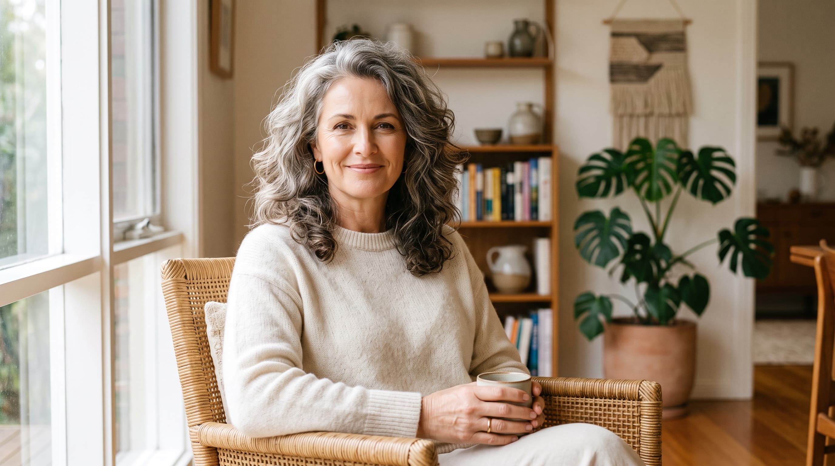 Confident woman in her 50s with full, healthy hair — menopause hair loss support at Applebom, Toowoomba.