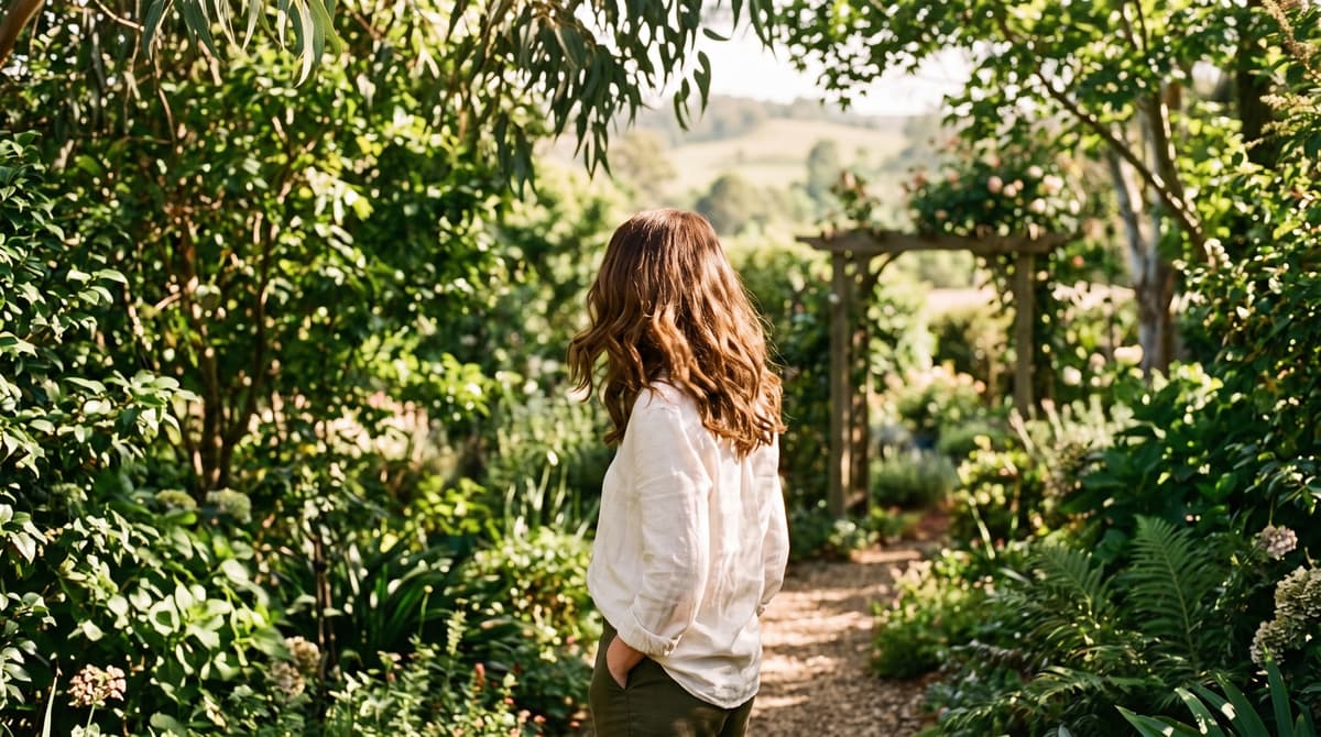 Woman with healthy hair standing in a Toowoomba garden across the seasons.