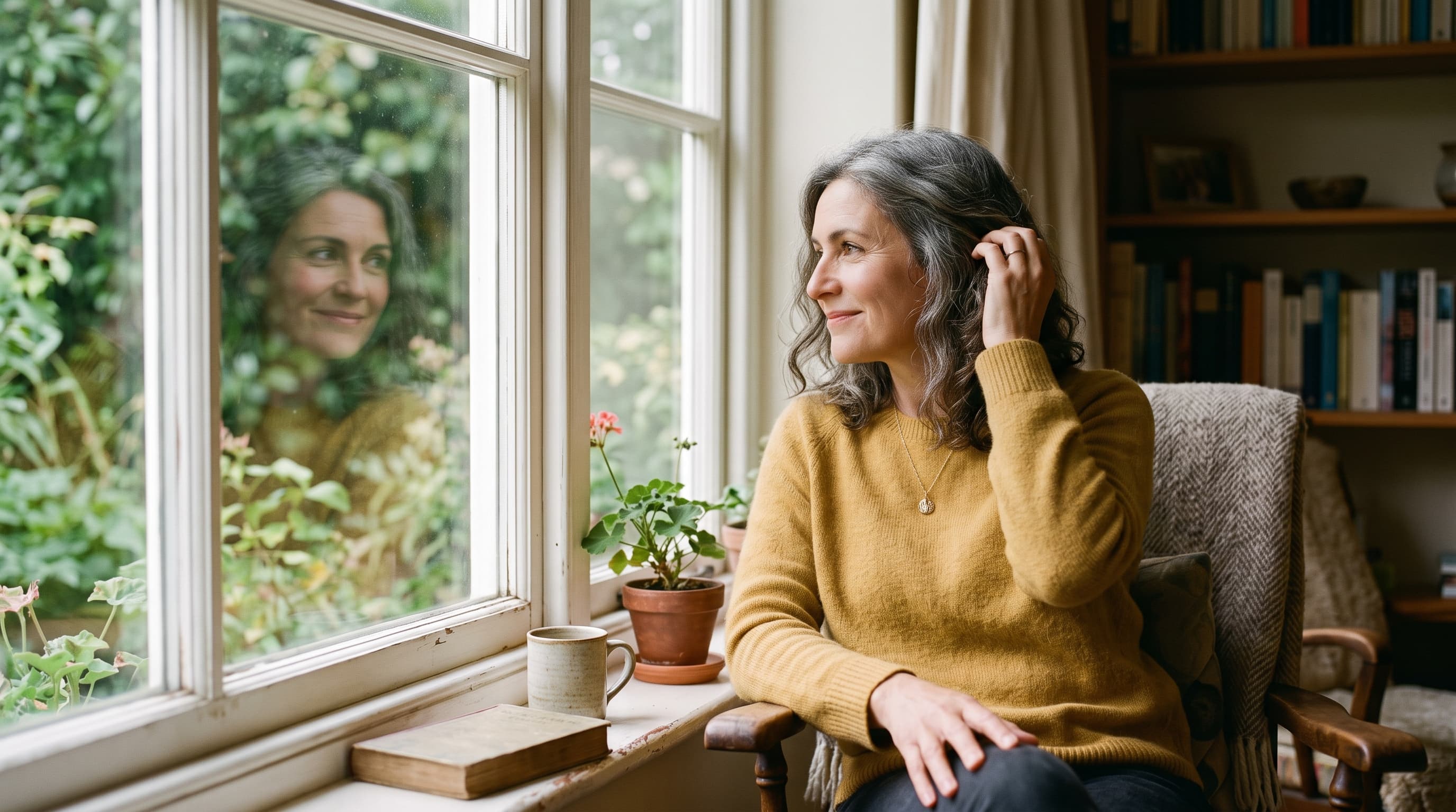 Woman in her late 40s in Toowoomba looking at her reflection, managing hair loss with quiet resilience