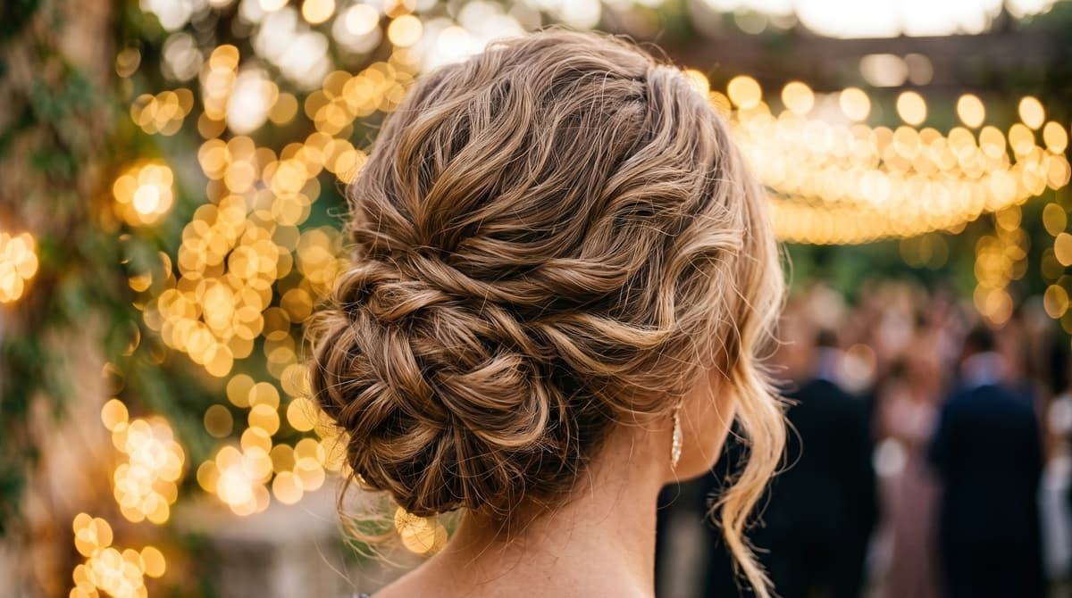 Elegant updo styled on a hair topper for a special occasion.
