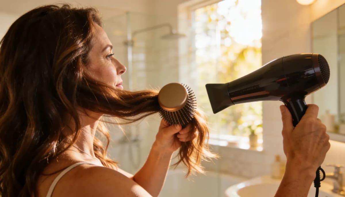 A woman in her 40s styling her hair with a round brush and blow dryer in a bathroom.
