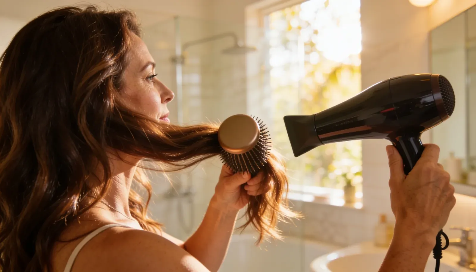 A woman in her 40s styling her hair with a round brush and blow dryer in a bathroom.