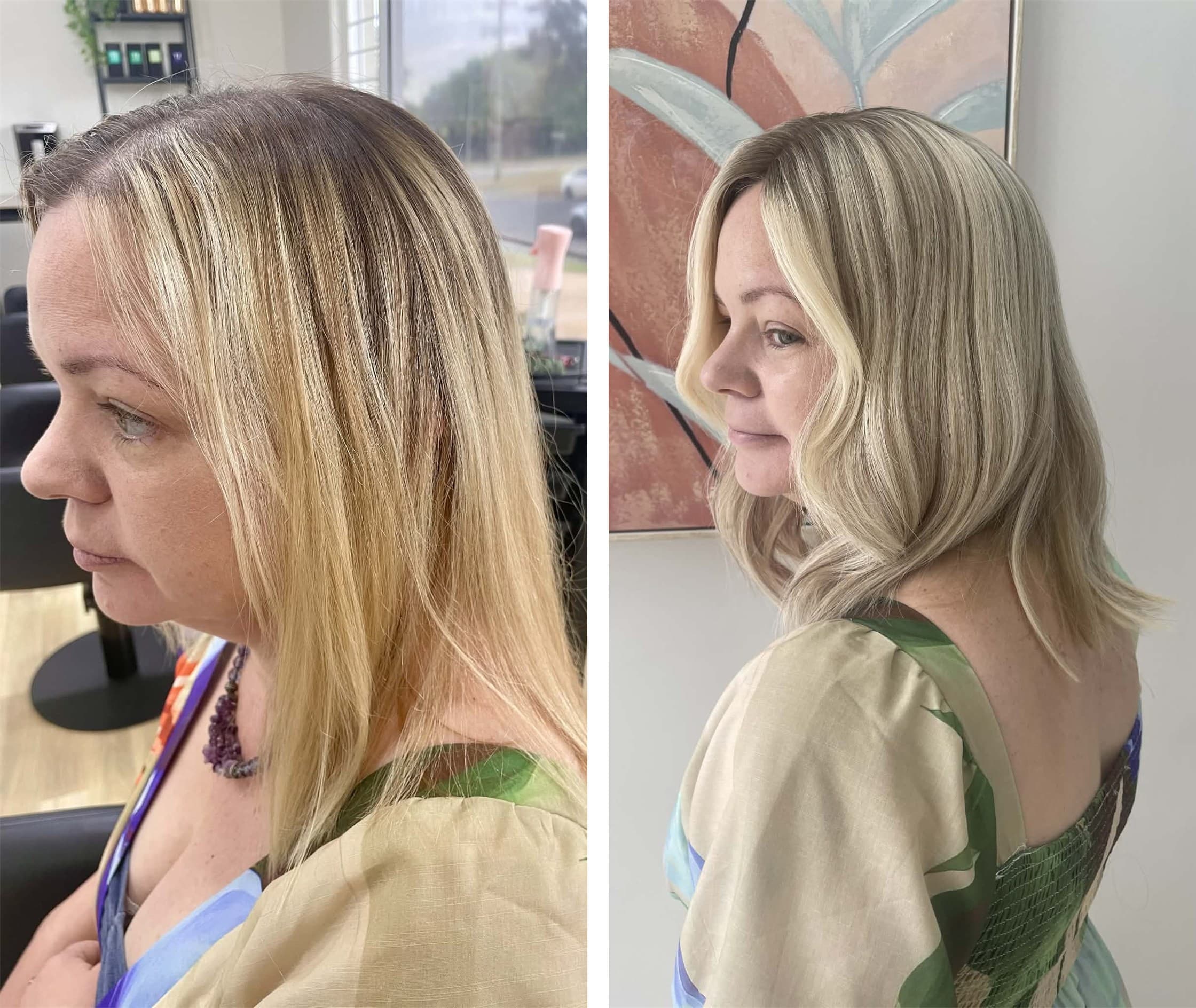 Root blend and toning, top of head