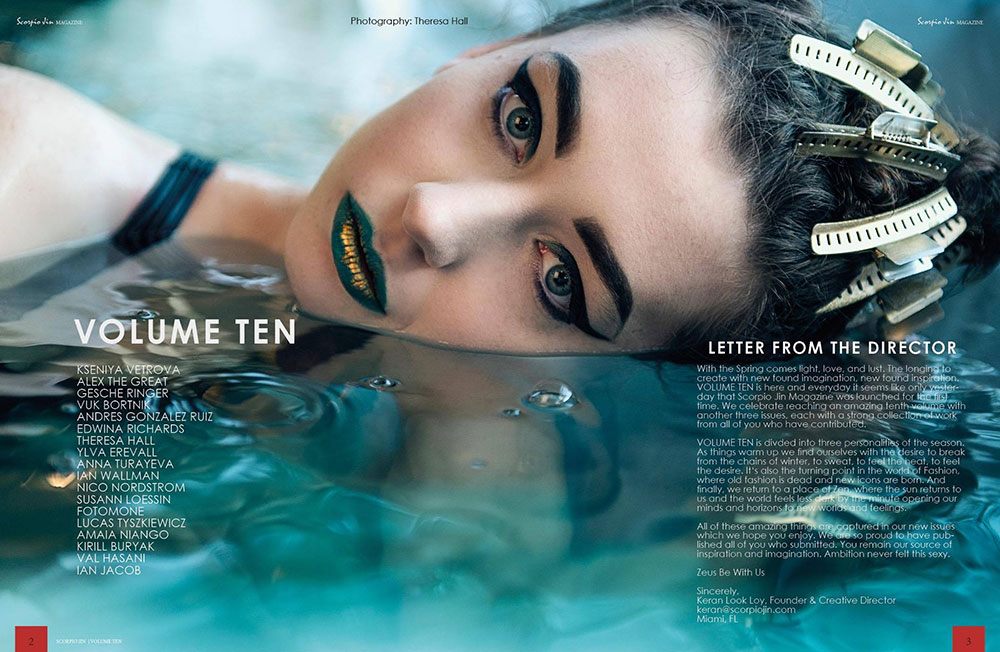 A magazine section that features a woman with a portion of her face dipped in water