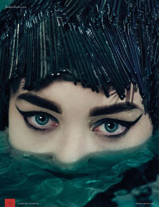A woman with half of her face. from nose down, dipped in water